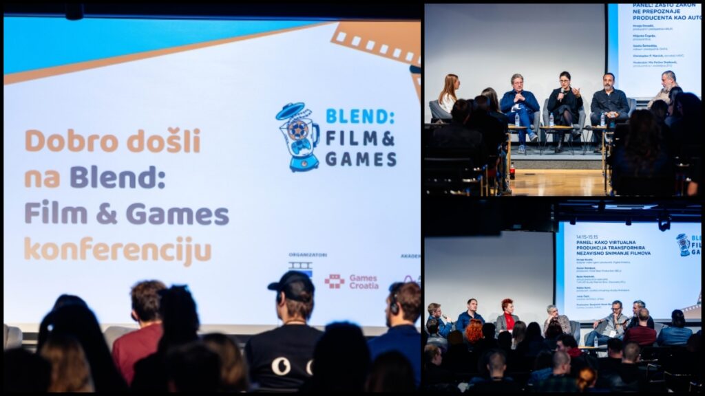 Panel discussion at Blend: Film & Games conference with four speakers on stage and an attentive audience in foreground.