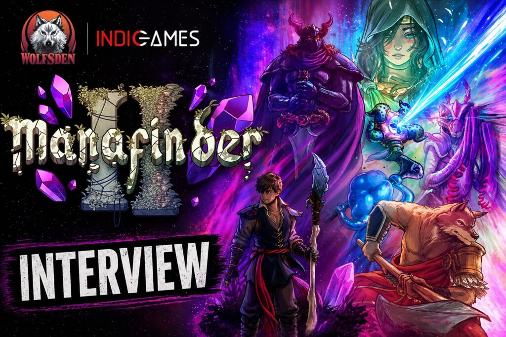 Promotional banner for an interview: IndieGames logo with Wolfden emblem, bold 'INTERVIEW' text, and vibrant fantasy characters amid crystals.