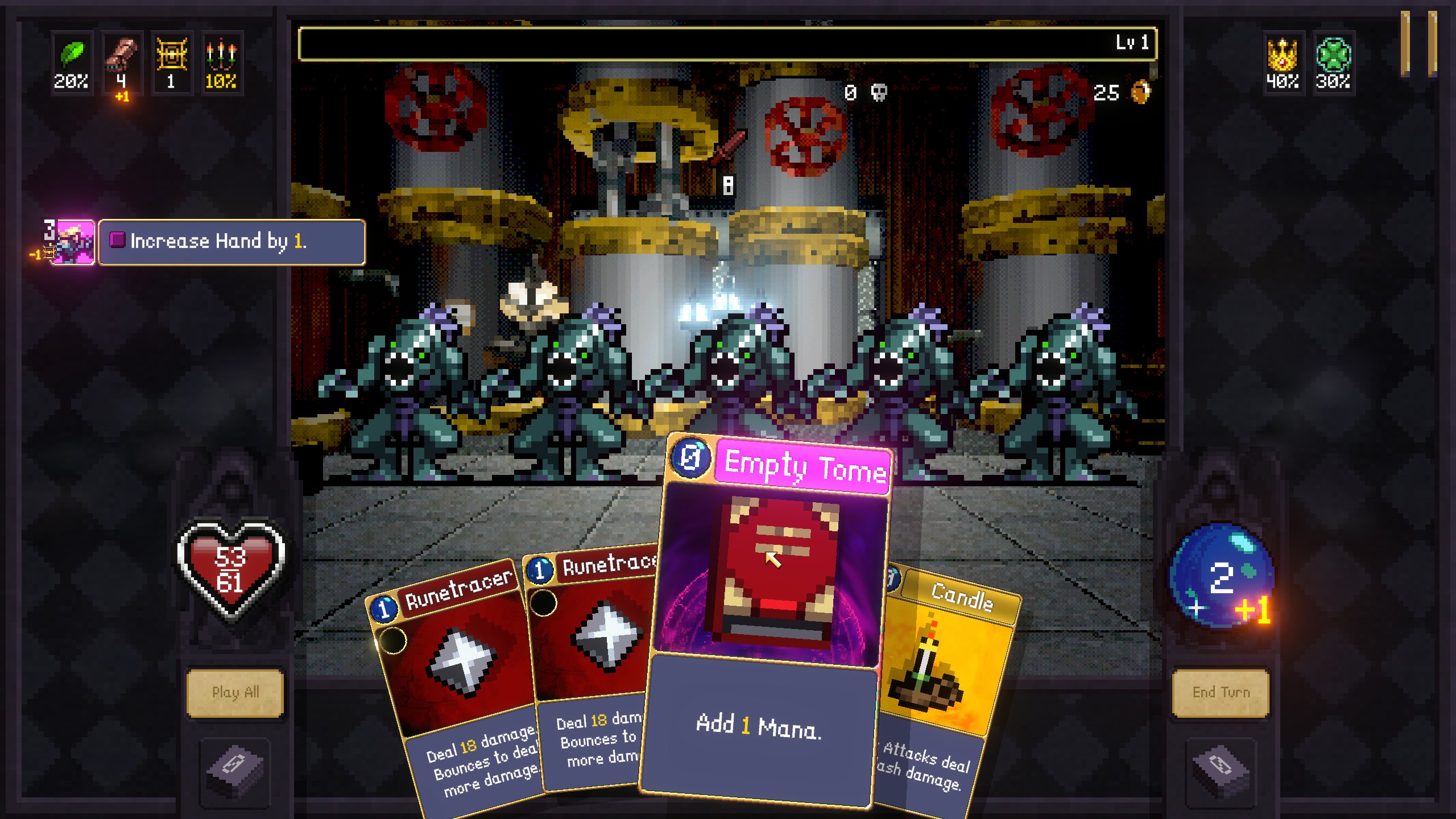 Turn-based dungeon battle: four green-armored monsters advance toward the player, with a deck of cards visible at the bottom.