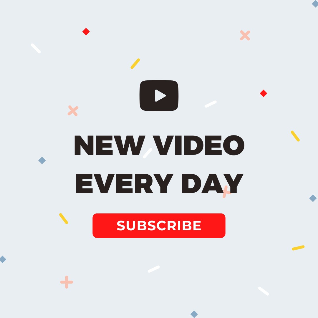 Thumbnail-style banner: play icon, bold 'NEW VIDEO EVERY DAY' text, and a red 'SUBSCRIBE' button on a light background with confetti shapes.