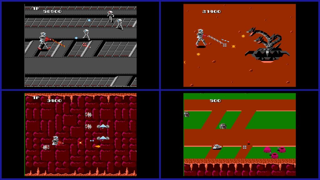 Gray futuristic platform shooter: player fires at enemies on a multi-level scaffold (score 58900 displayed). 27 characters left.