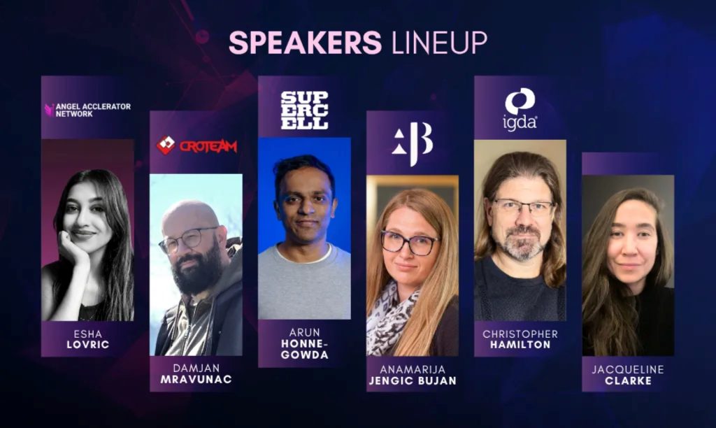 Speakers lineup banner with six headshots and sponsor logos above each portrait: Angel Accelerator Network, Supercell, AB, and igda. Names shown: Esha Lovric, Damjan Mravunac, Arun Honnegowda, Anamarija Jengic Bujan, Christopher Hamilton, Jacqueline Clarke.