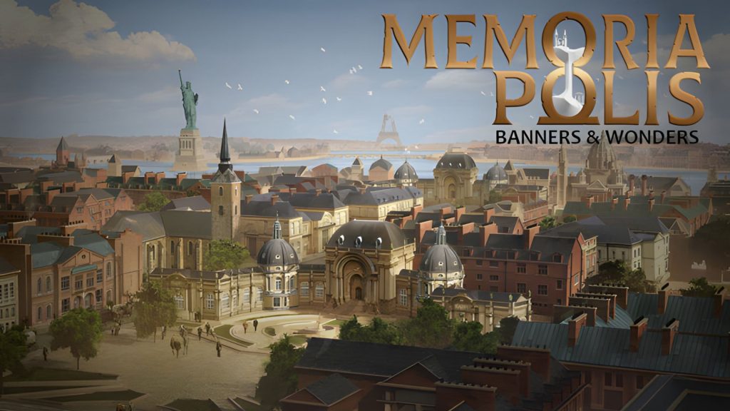 Panoramic cityscape with domed buildings and distant landmarks, overlaid by a large gold 'Memoria Polis' logo across the sky.
