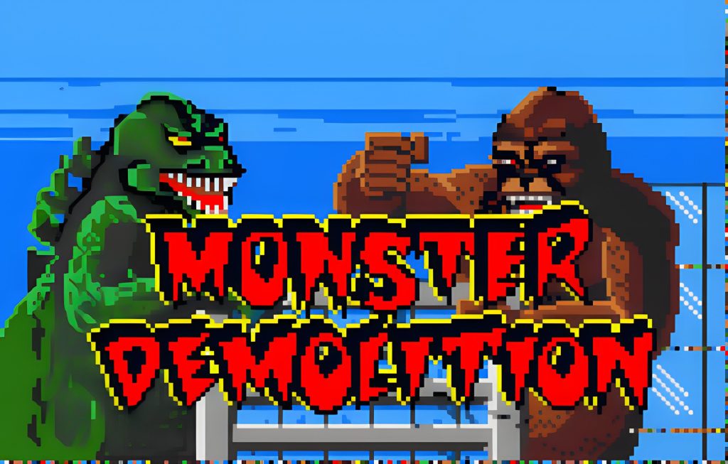 Pixelated green monster and brown monster clash in front of a red sign reading MONSTER against a blue sky.