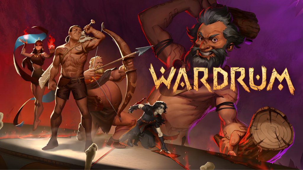 Promotional artwork for the game Wardrum showing muscular warriors charging forward with weapons against a purple-red background and the game title on the right.
