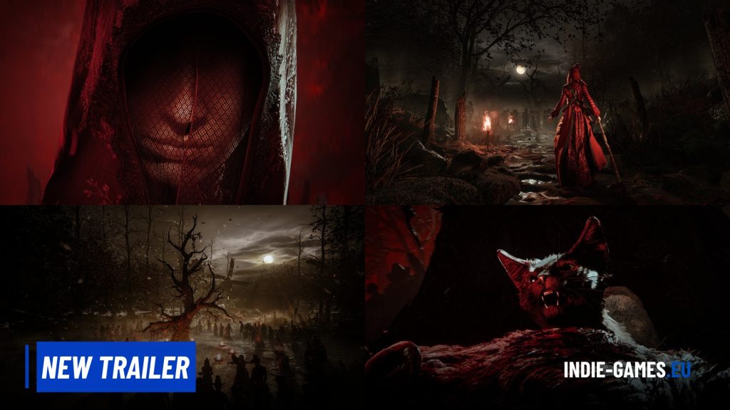 Collage promoting a new horror game trailer: dark forest scenes, a red-clad figure with a staff, and eerie red lighting; branding reads NEW TRAILER and INDIE-GAMES.EU.