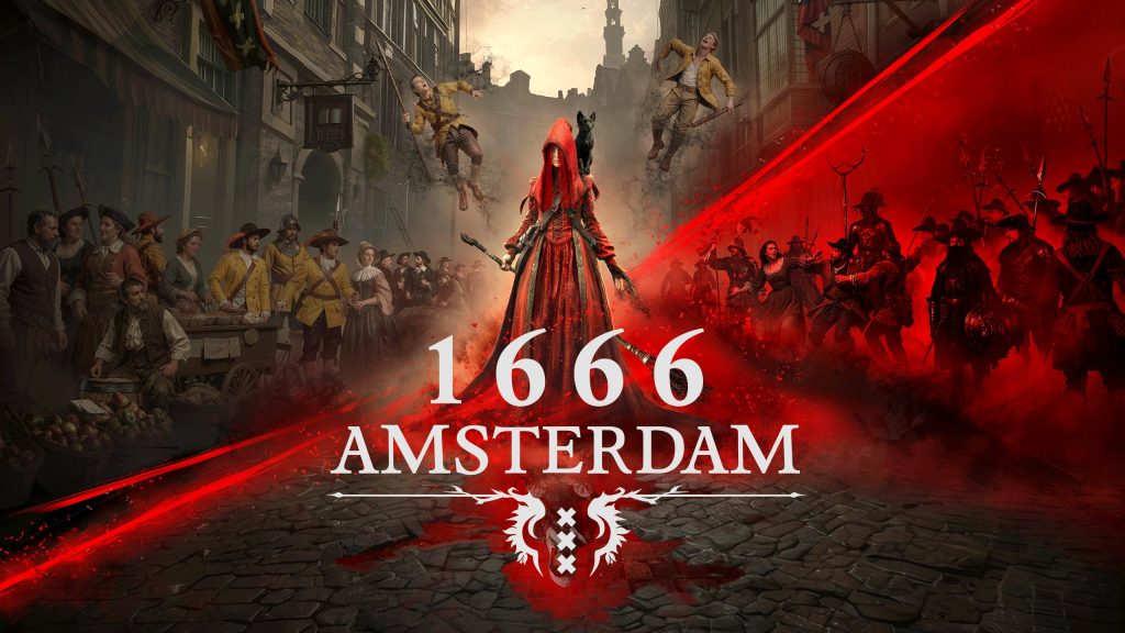 Central red-hooded figure in a medieval dress stands on a cobbled street, flanked by crowds—dramatic red light across the scene and '1666 AMSTERDAM' text below.