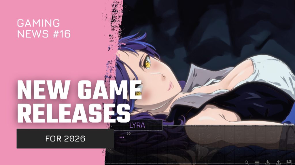 Promotional header announcing 'New Game Releases' for 2026, featuring an anime-style character with a pink left panel and dark background.