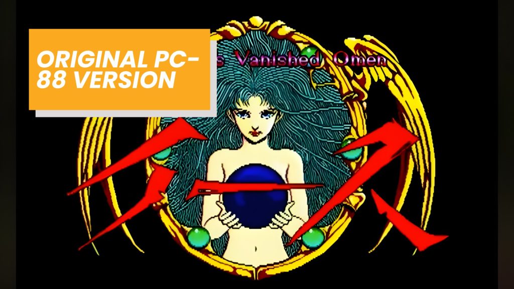 Promotional title card with an orange banner reading 'ORIGINAL PC-88 VERSION' over a stylized illustrated woman with teal hair, blue top, and a gold circular frame. Red arrows cross the image.