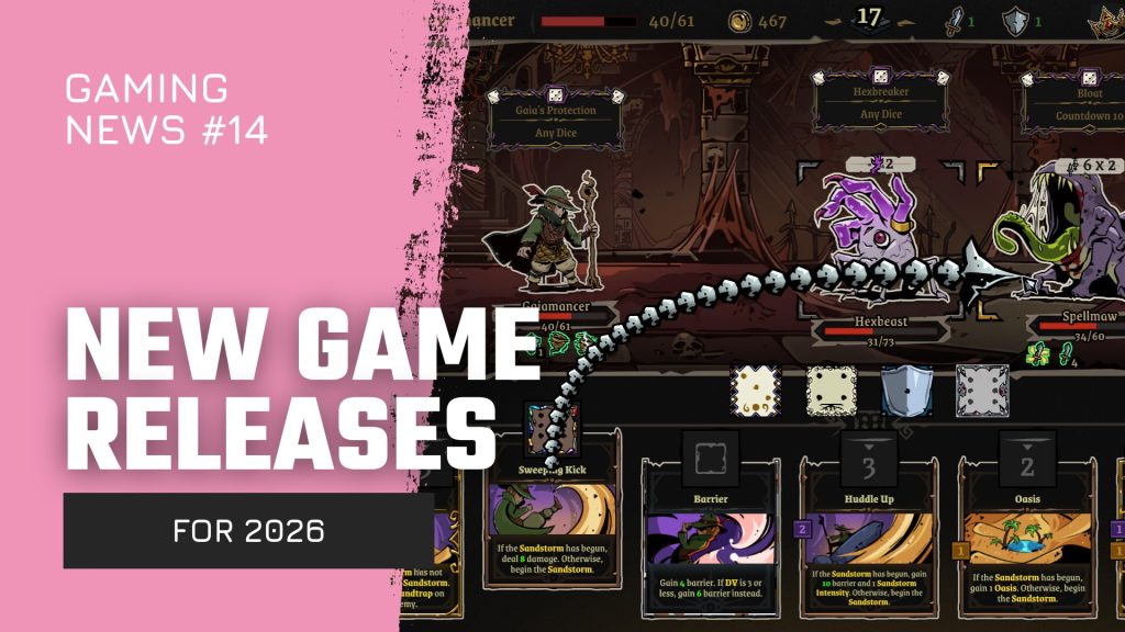 Header banner for gaming news: pink panel with 'GAMING NEWS #14' and 'NEW GAME RELEASES FOR 2026' beside a fantasy card-battle game screenshot with a wizard-like character and monster cards on display