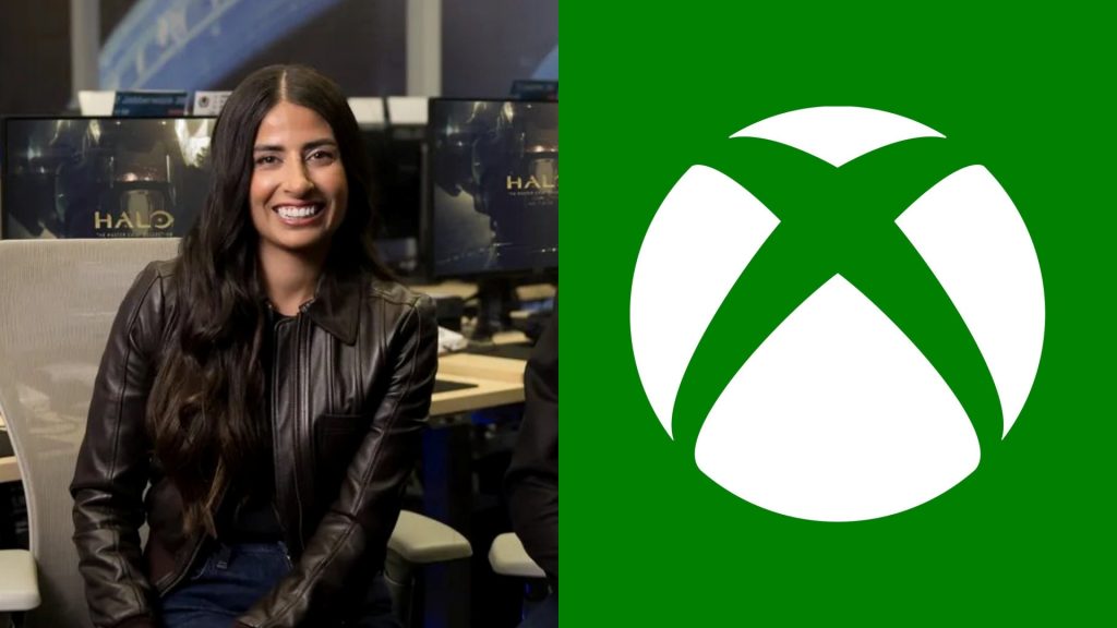 Woman in a leather jacket sitting in an office with computer monitors and Halo posters behind her; a green panel with a white Xbox logo on the right.