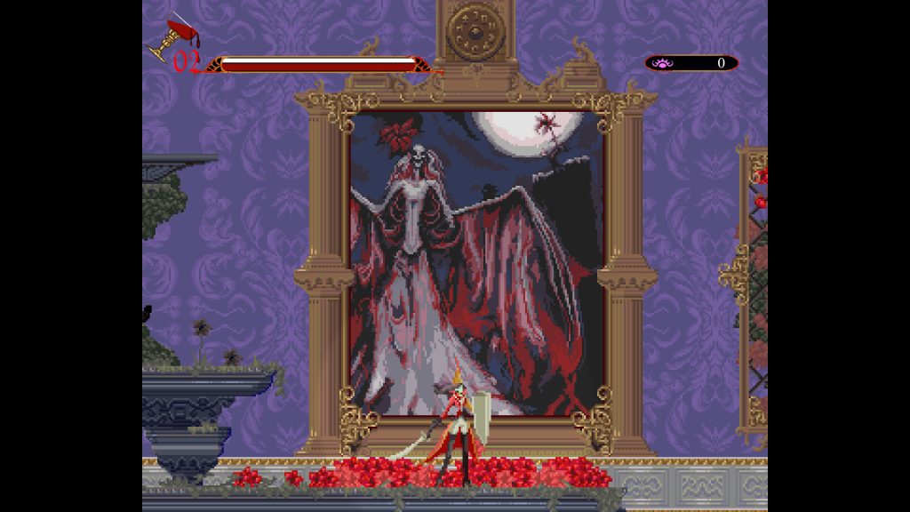Pixel art game scene: swordsman in red armor stands on a blood-splattered floor before an ornate gilded frame containing a giant demon portrait.