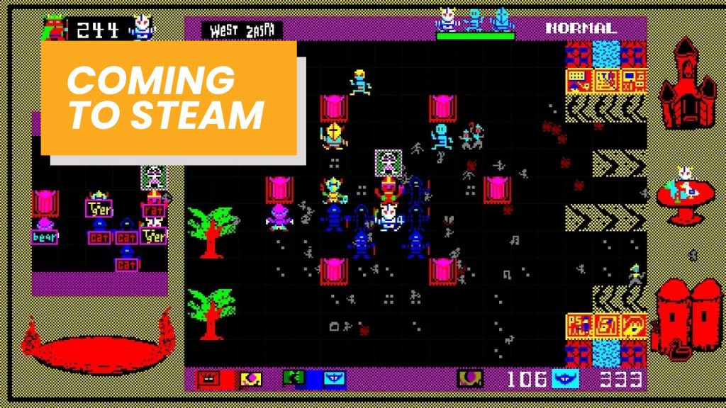 Promotional banner reading 'COMING TO STEAM' over a colorful retro pixel-art game scene.