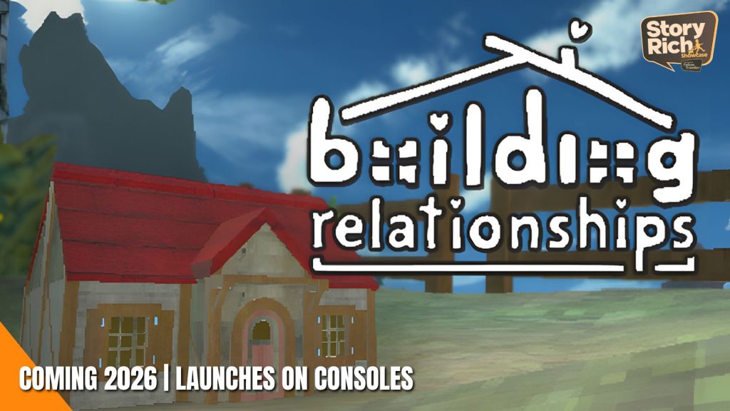 Cover art for a game titled 'Building Relationships' showing a stylized house roof outline over a blue sky and a red-roofed building beneath.