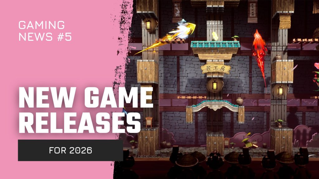 Banner image for a gaming news post: pink left panel with text 'NEW GAME RELEASES' and 'FOR 2026', plus a detailed 2D game scene on the right showing a village/temple setting with characters and projectiles.