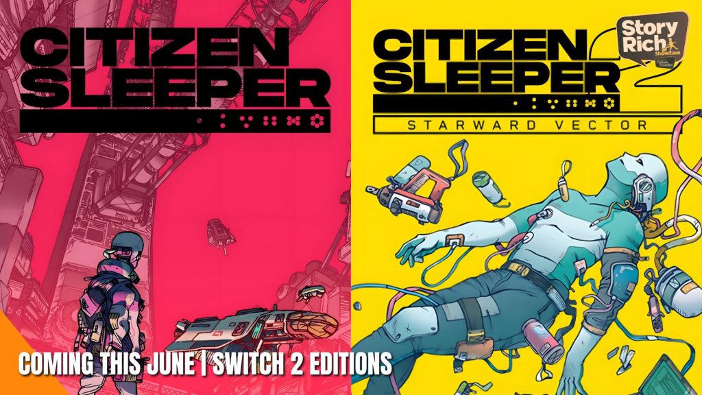 Split poster for Citizen Sleeper: magenta left panel with title, yellow right panel with astronaut and gear.