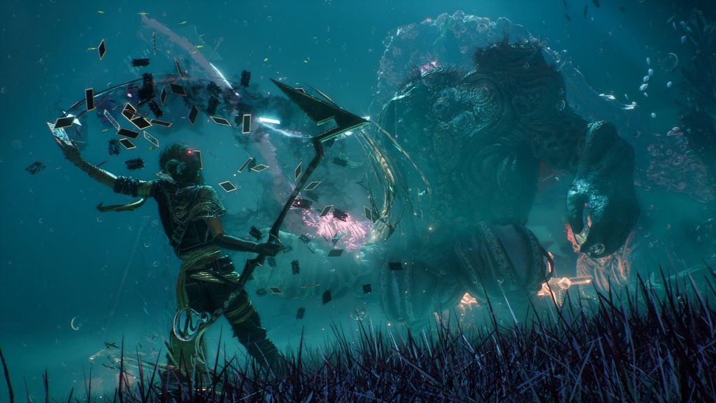 Underwater fantasy battle: a armored hero swings a staff at a large ornate sea creature as glowing cards drift around in teal water with sea grass at the bottom.