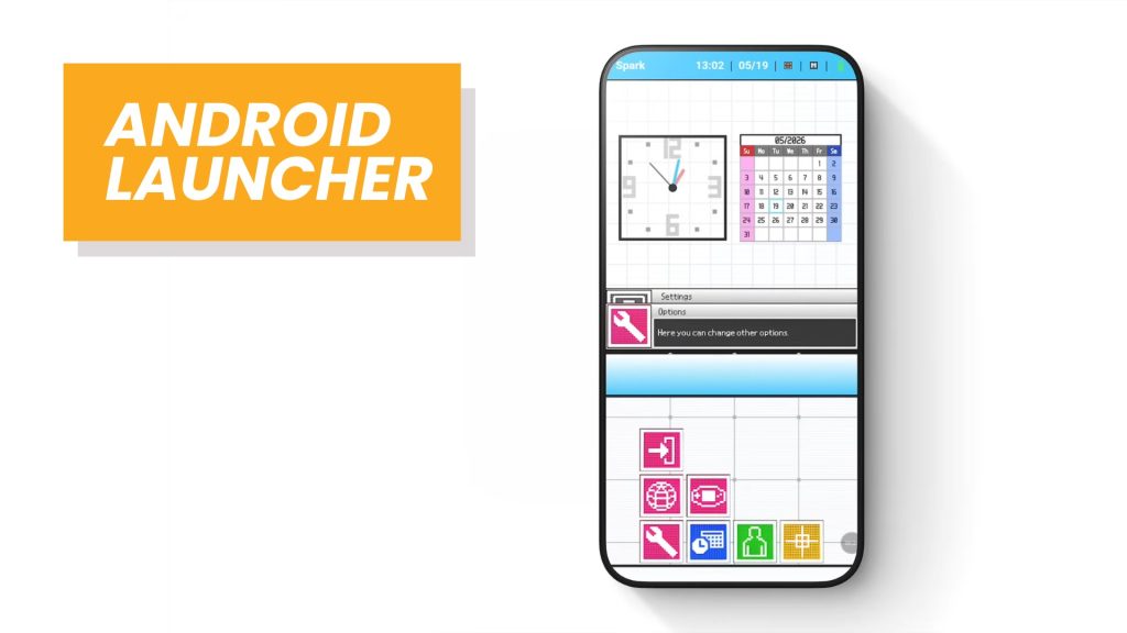 Orange banner reading 'ANDROID LAUNCHER' beside a rounded smartphone displaying a grid of app icons and widgets on a white background.