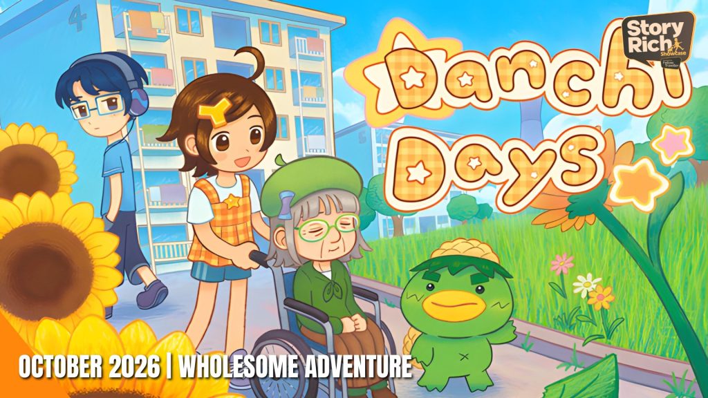 Wholesome game cover showing kids helping an elderly person in a wheelchair on a sunny path, with sunflowers and a bright building in the background; title 'Panda Days' on the page.