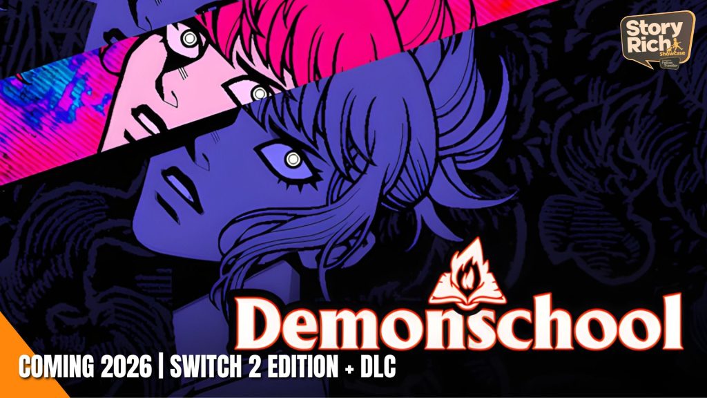 Promotional game banner for Demonischool, with a comic-book style illustration in purple/pink tones, Story Rich Showcase badge in the top-right, and release text along the bottom edge.