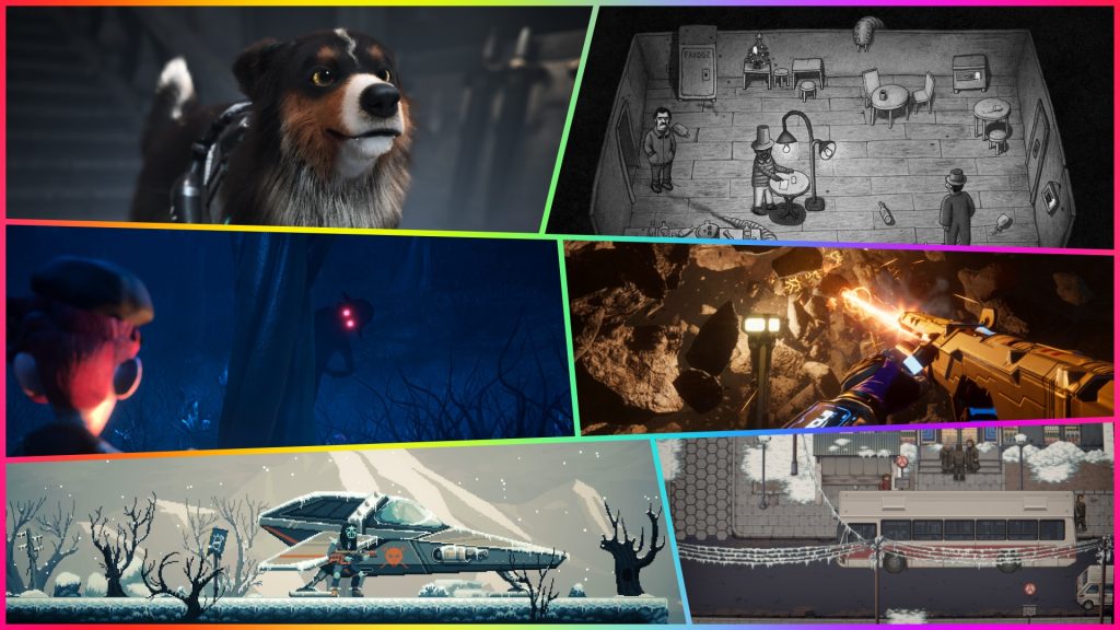 Top-left: close-up of a brown-and-black dog with a hopeful expression in a dark setting; cinematic game art collage.