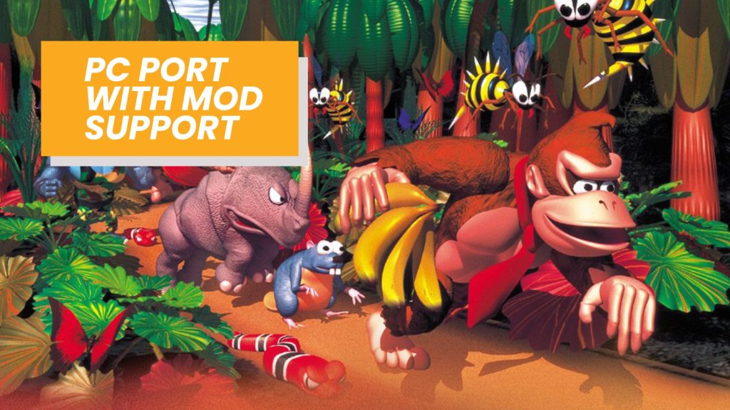 Bold orange banner reading 'PC PORT WITH MOD SUPPORT' over a colorful jungle with cartoon dinosaurs and insects in a video game scene