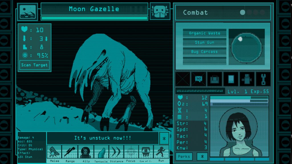 Teal sci-fi HUD showing a creature scene labeled 'Moon Gazelle' with left status panel, right combat/equipment panel, and a character portrait bottom-right.