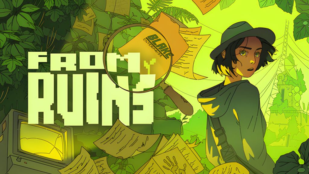 Illustration of a person in a hat examining scattered papers with a magnifying glass, jungle background, 'FACTS' headline
