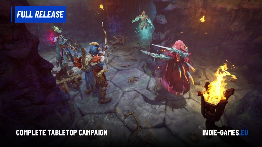 Three armored adventurers stand in a cavern lit by torches, with a blue 'FULL RELEASE' banner on the left foreground.
