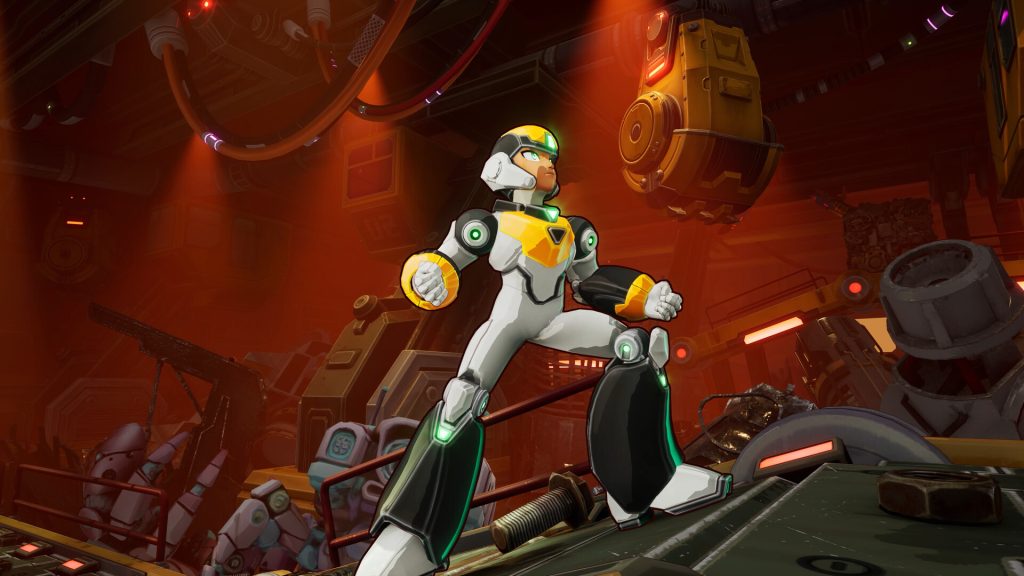 Heroic armored pilot stands in a dim, orange-lit sci-fi hangar with a hovering yellow nanomachine arm behind them, ready for action, in a game scene
