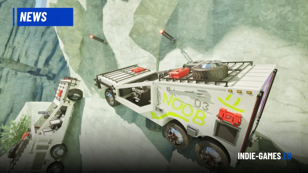 White armored off-road vehicle with roof rack and neon graffiti flies through a rocky canyon in a video game.