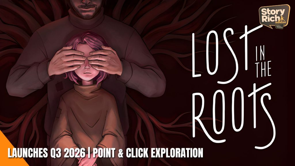 Dark red illustration of a man shielding a girl's eyes from behind with his hands, the title 'Lost in the Roots' sweeping along the right side and a Story Rich badge in the top-right corner.