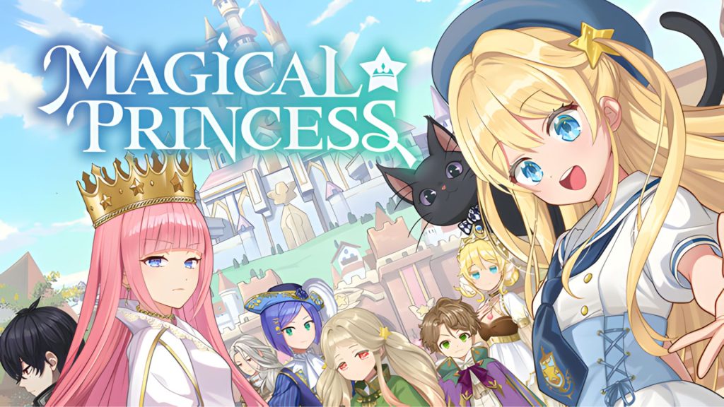 Colorful anime banner for 'Magical Princess' with multiple princess characters and a castle backdrop in a bright sky.