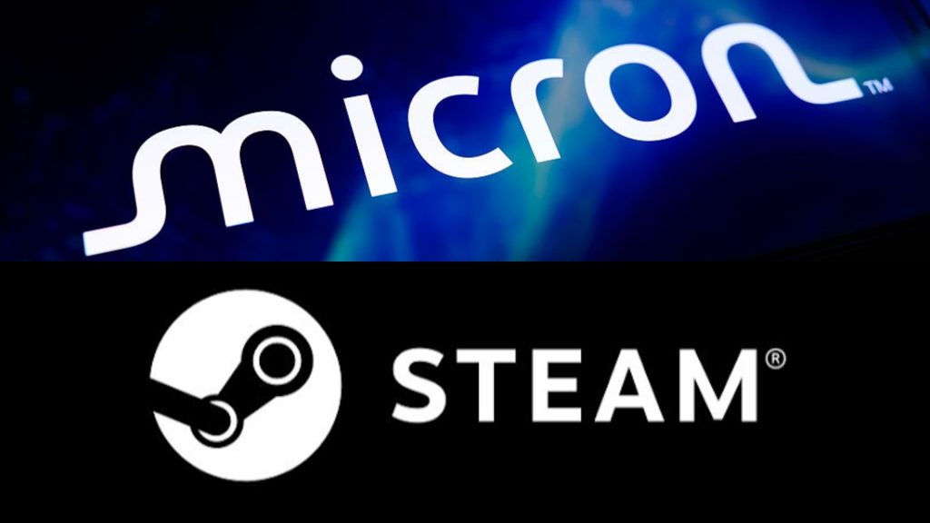 Microsoft and Steam brand logos displayed together: white text on dark blue gradient and a white Steam emblem on black background.