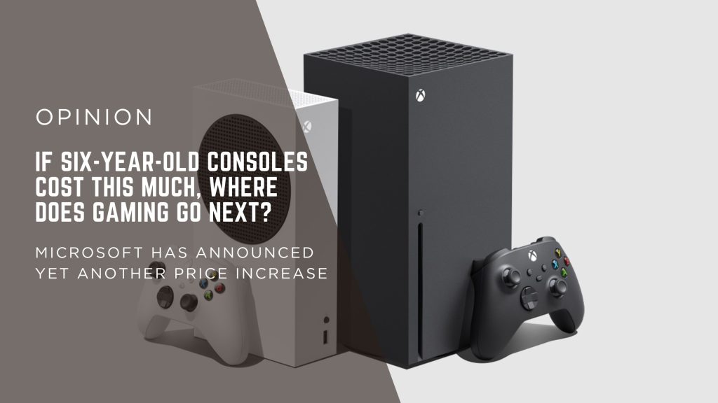 Hero image for a gaming opinion article showing Xbox Series X and Series S consoles with controllers on a gray background and a brown overlay.