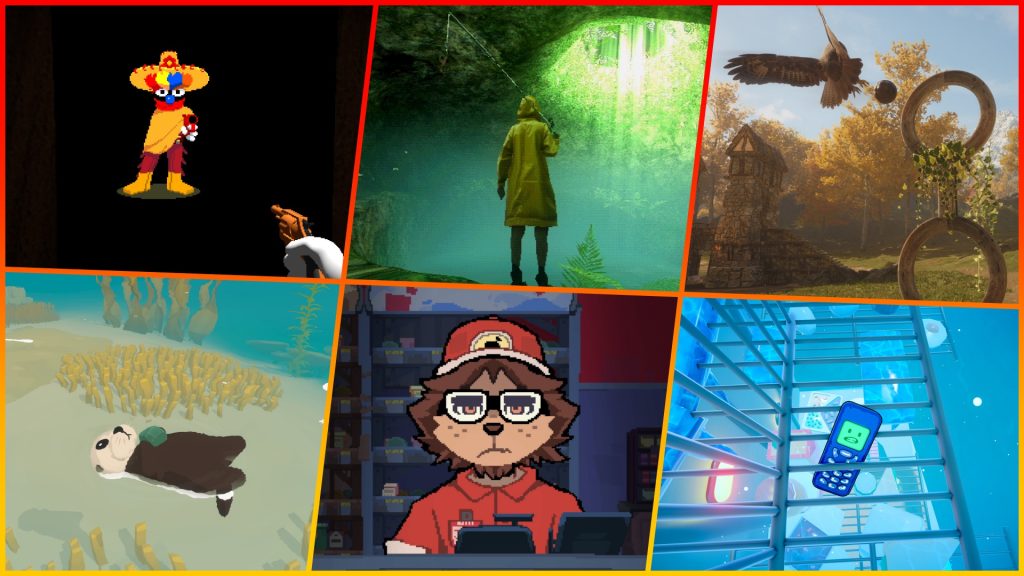 Collage of varied game art scenes: a pixel cowboy with a gun in darkness; a person in a yellow raincoat in a green-lit cave; a hawk flying near circular hoops in an autumn park; an underwater reef with yellow coral; a cartoon character with glasses at a cluttered desk; a blue, futuristic stairwell scene with a handheld device; a panda-like animal swimming toward the surface; a cartoon bear with glasses in a room on a computer screen; a bright blue interior with railings and a floating phone
