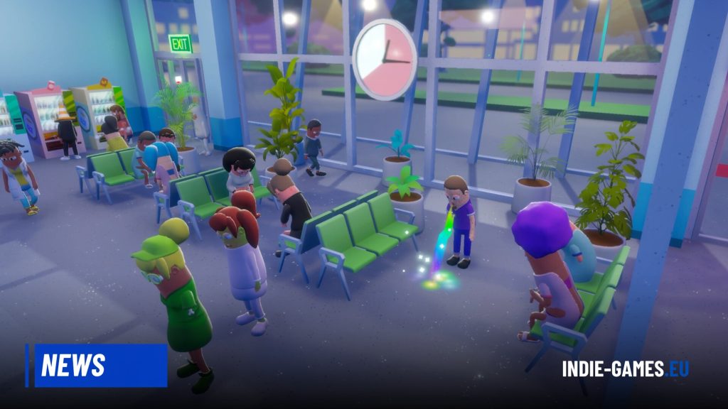 Colorful 3D game lobby with people sitting and standing, large windows, potted plants, and a clock on the wall; bottom-left 'NEWS' banner appears.