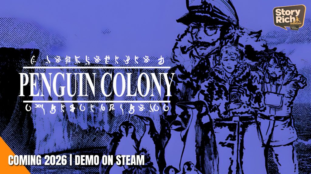 Promotional game poster for 'Penguin Colony' with blue illustration, announces demo on Steam and 2026 release.