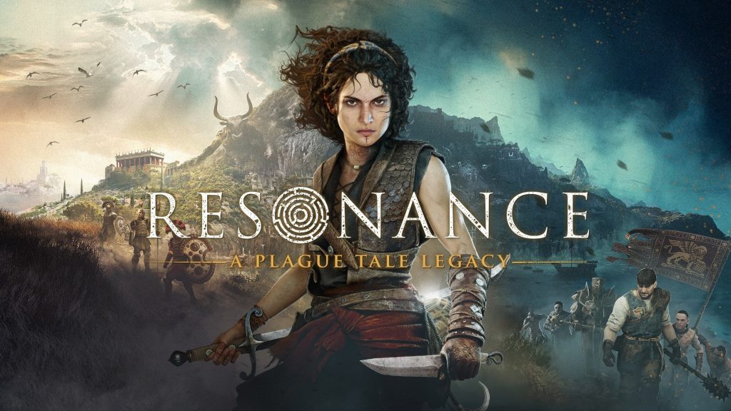 Poster for a fantasy video game showing a fierce female warrior in armor with a blade, with soldiers and a mountainous battlefield in the background. The title 'RESONANCE' and the subtitle 'A PLAGUE TALE LEGACY' appear across the image.