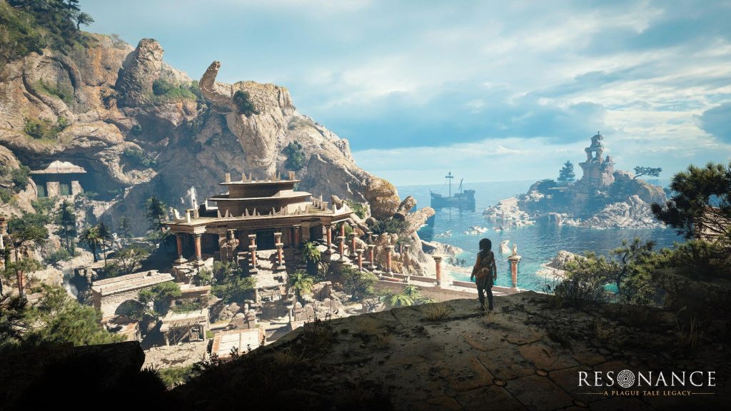 Person standing on a rocky cliff overlooking an ancient multi-tiered temple by the sea, with ships in the distance.