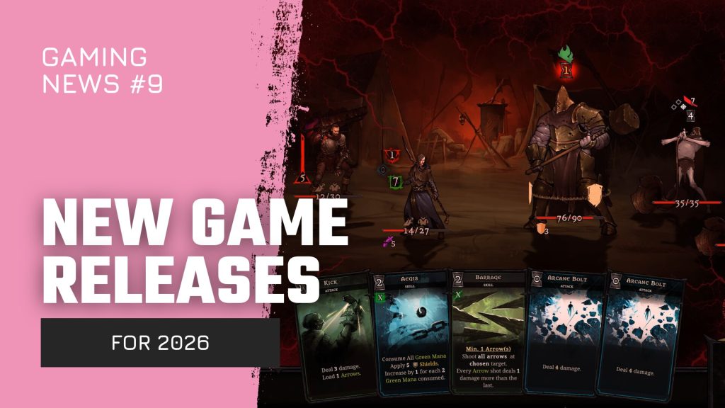 Pink banner announcing 'GAMING NEWS #9' with large 'NEW GAME RELEASES' text and a dark fantasy battle scene on the right, plus card deck at the bottom, for 2026 releases.