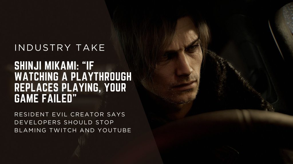 Banner with a close-up of a man's face on the right and bold white headline text about a controversial video game industry quote on a dark background, left side obscured by overlay