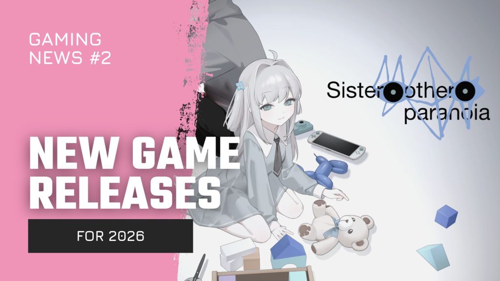 Banner for a gaming news post: pink left panel with 'NEW GAME RELEASES' and 'FOR 2026', anime-style character and gaming items on the right.