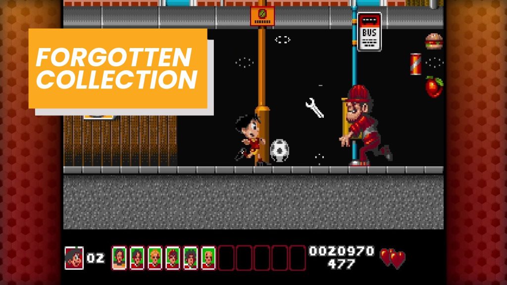 Pixel-art side-scrolling game scene with a girl on the left and a man in red on the right, set on a street; a large orange banner reading 'FORGOTTEN COLLECTION' covers the left side.