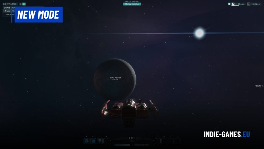 Bold blue 'NEW MODE' banner in upper-left; sci-fi space scene with a red ship approaching a dark planet and starry background, minimal UI hints along bottom and right edge