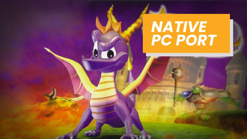 Promotional artwork for a native PC port of a dragon game, featuring Spyro in a fiery, purple-hued landscape with an orange 'Native PC Port' banner.