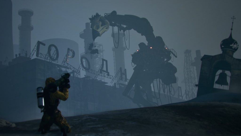 Worker in a yellow suit crouches with a camera as a giant robotic arm grabs a skull in a blue, foggy industrial setting.