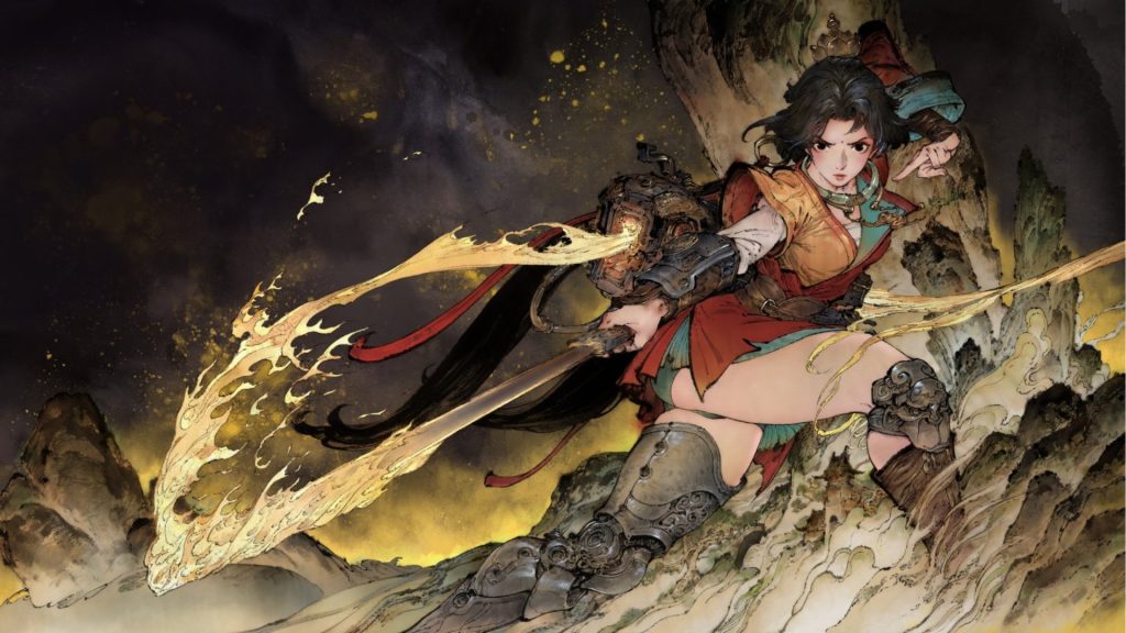 Female warrior in orange and turquoise armor swings a flaming sword through a rocky, smoky landscape.