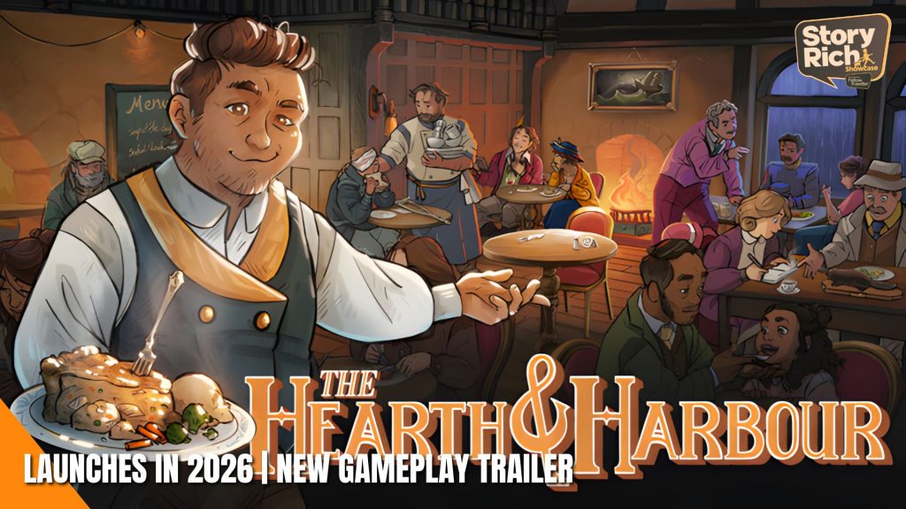 Illustrated tavern scene with a smiling chef presenting a pie to diners, warm fireplaces and patrons at tables in a cozy, bustling restaurant.