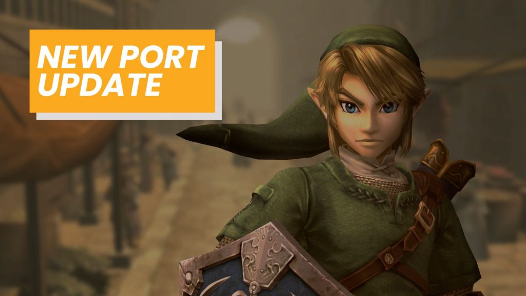 Announcement banner reads 'NEW PORT UPDATE' on the left; fantasy game character in green tunic stands on the right in a dim street scene.